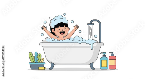 Cute little girl having a fun bubble bath in a white tub with colorful soap bottles and green plants nearby.