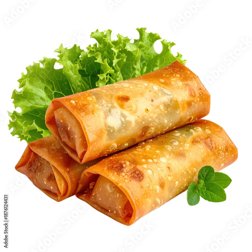 Close up of fried vietnamese spring roll, highlighting the textured crispy shell and delicious filling, isolated on a bright white studio background