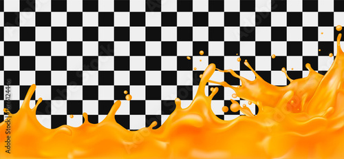 3D vector dynamic orange juice splash wave across bottom border Realistic 3D liquid flow with droplets Isolated on transparent background for beverage advertising