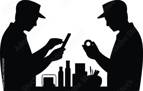 Two men engaged in discussion with cityscape