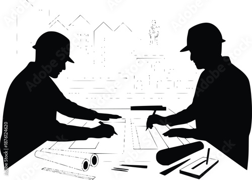 Engineers reviewing blueprints