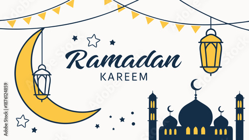 Ramadan Kareem Greeting with Mosque and Lanterns