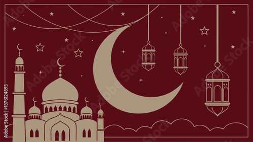 Ramadan Night with Mosque, Moon, and Lanterns