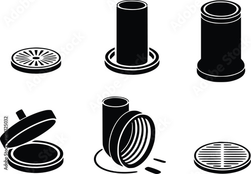 Assorted cylindrical containers and lids