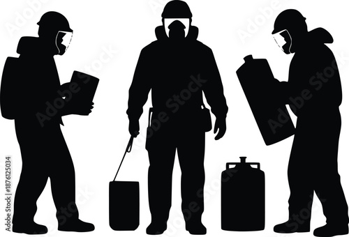 Workers in protective gear reviewing plans