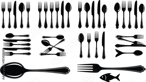 Large collection of black cutlery silhouettes including forks, spoons, and knives, isolated vector illustrations for kitchen, restaurant, dining, and food service branding.