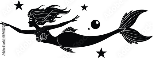 Beautiful mermaid silhouette swimming underwater with stars and bubbles, mystical ocean creature vector illustration for fairy tale, fantasy, or coastal themed designs.