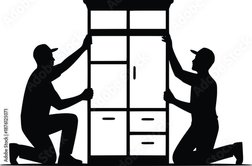 Two people assembling a cabinet