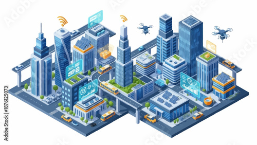 Isometric cityscape with modern skyscrapers and advanced technology integration.