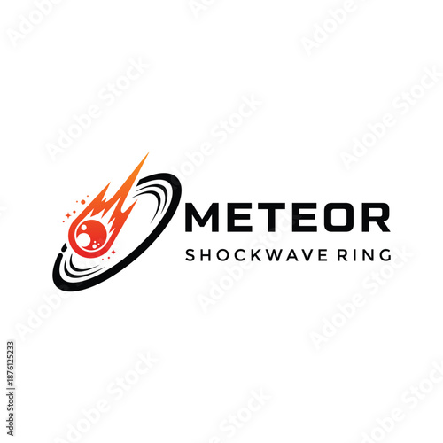 Dynamic Meteor Comet with fiery tail streaking through a shockwave ring for technology gaming or science logo design