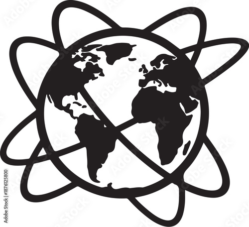 Black and white illustration of Earth in atomic orbit