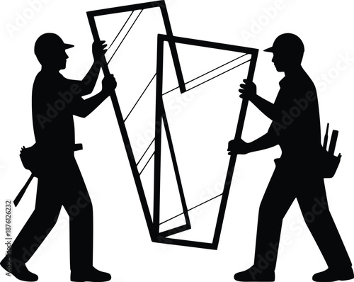 Workers installing large window