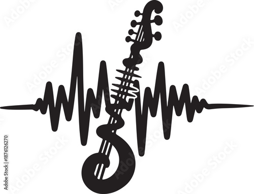 Guitar and sound wave in black on white background