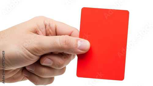Close-up of a hand holding up a red card in a gesture, likely a referee signal, against a clean white background with a bold and strict mood.