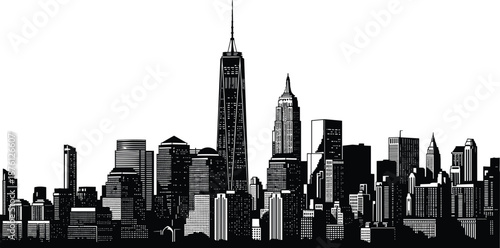 Black and white New York City skyline illustration featuring modern skyscrapers and iconic downtown architecture creating dramatic urban cityscape background perfect for posters, prints and branding
