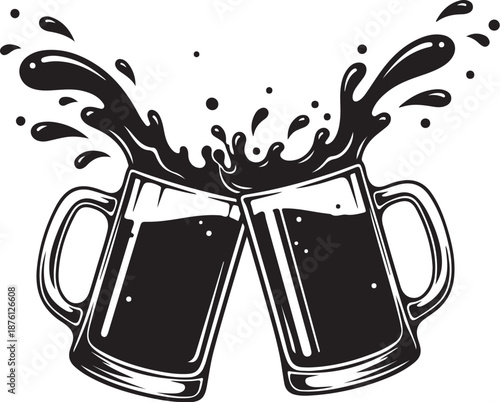 Cheers with two beer mugs in black and white