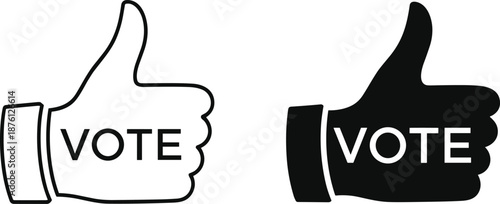 Black and white vote thumbs up icons showing approval concept, political election symbol, social media like gesture, flat vector illustration for campaigns and civic engagement