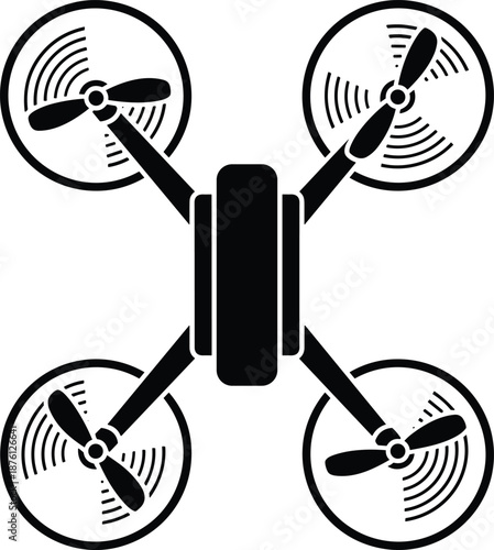 Black quadcopter drone icon with four propellers in minimal flat design, isolated on white background, modern aerial technology symbol for security and delivery