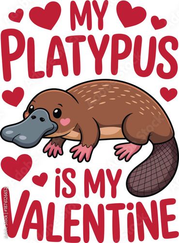 Funny platypus valentine's day card on white background