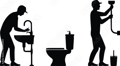 Plumber fixing sink and toilet