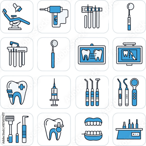Professional Dental Care Icon Set Featuring Dentist Chair Dental Drill X-ray Images Syringe and Orthodontic Tools for Oral Health.