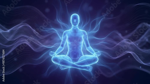 Meditating figure with glowing energy, representing mindfulness and tranquility in a serene atmosphere