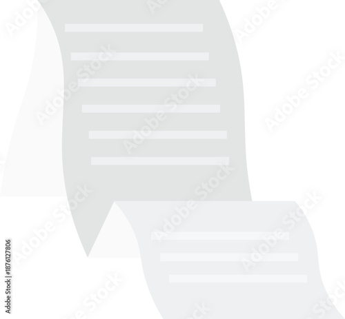 Minimal flat vector illustration of a long paper document or scroll with text lines. Clean gray and white design suitable for contracts, reports, letters, policies, lists, and general business