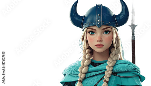 Viking Warrior Girl with Braids and Horned Helmet.