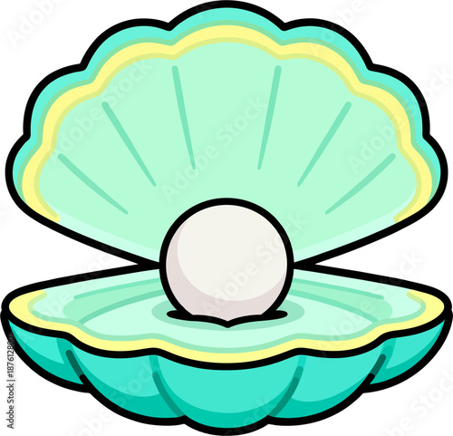 Adorable cartoon open turquoise seashell with lustrous white pearl centered, vibrant teal green shell contours yellow highlights, kawaii marine treasure vector for ocean beach themes