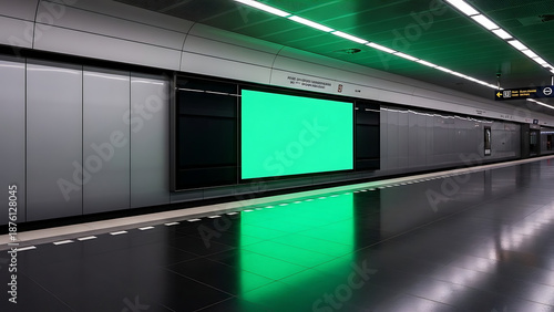 Green Screen Digital Billboard Mockup on Modern Underground Subway Station Platform.