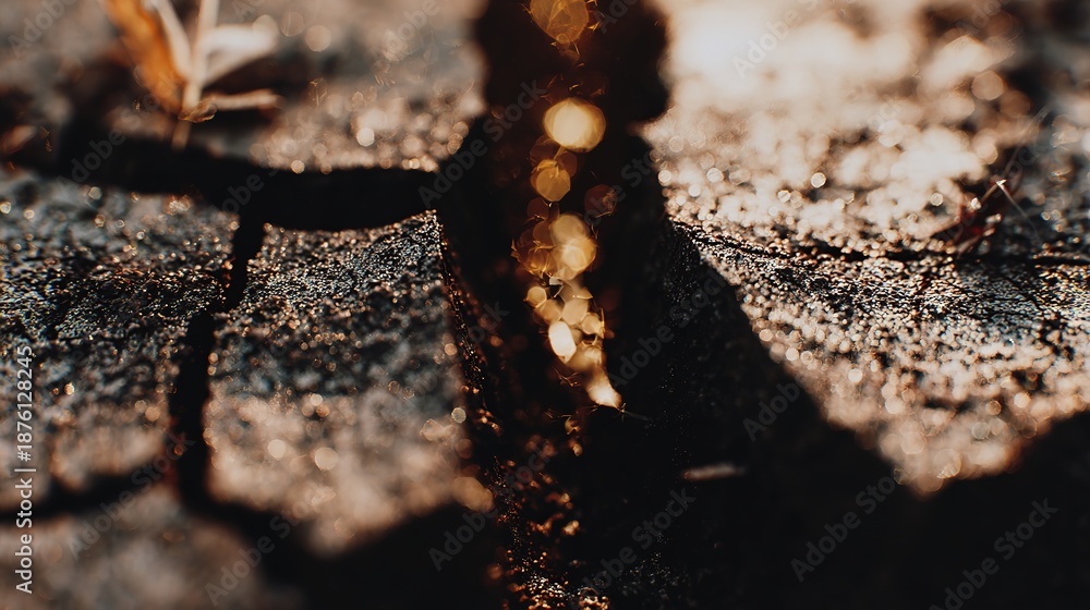 Fototapeta premium Ancient frozen soil cracks open with ethereal, glowing CO2 bubbles escaping into the atmosphere.