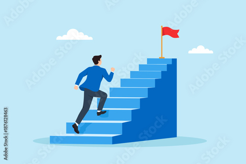 Flat illustration of businessman running up staircase toward flag on top symbolizing career advancement goal achievement professional growth ambition success journey and business milestone