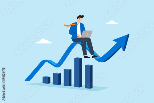 Flat illustration of businessman sitting on rising arrow graph working on laptop computer symbolizing business growth productivity upward performance and success progress