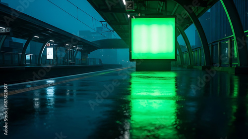 Moody Nighttime Elevated Station Platform with Blank Neon Green Billboard Reflection on Wet Floor, Urban Transit and Digital Advertising Concept