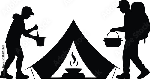 Two hikers cooking at a campsite