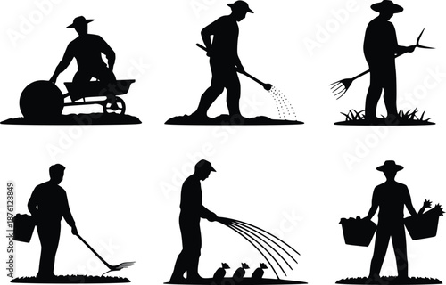 Silhouettes of farmers engaging in various agricultural activities