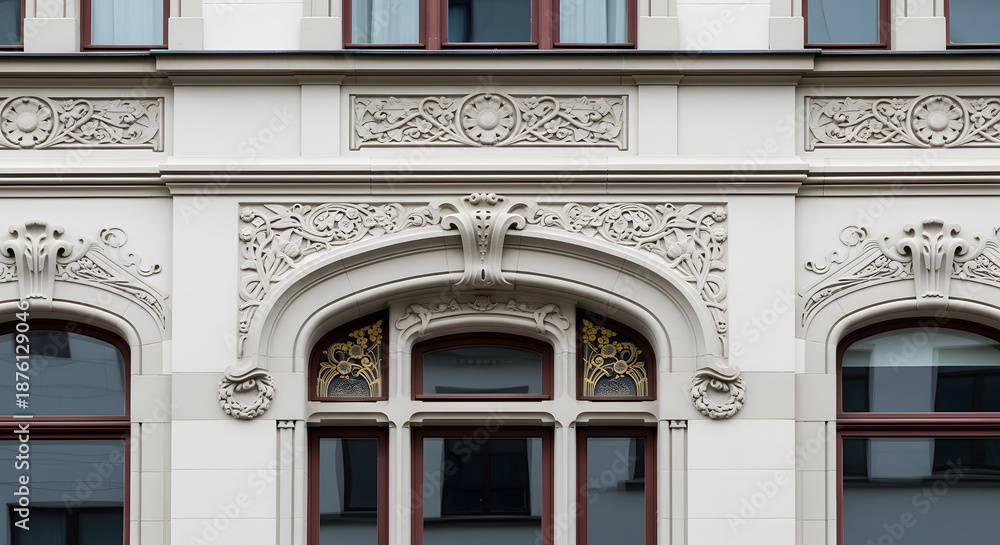 Obraz premium Closeup of Art Nouveau facade detail with floral stone carvings