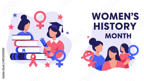 Illustrations celebrating Women's History Month, depicting educated women, academic achievements, and symbols of female empowerment and gender equality.