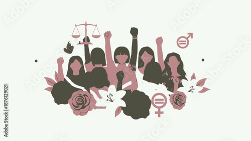 An illustration of women raising their fists in solidarity, surrounded by symbols of justice, gender equality, and flowers, representing female empowerment and social justice.