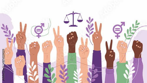 Diverse hands raised in unity, showing peace signs and fists, with symbols of justice and gender equality.