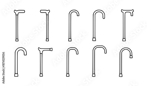 Simple Line Walking Cane Icons in Black and White Mobility Support Vector Set