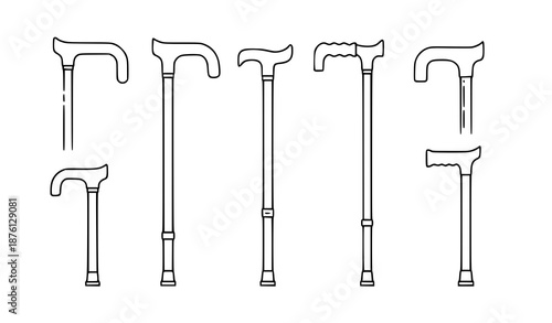 Minimal Outline Walking Cane Symbols Black and White Accessibility Icon Vector Collection