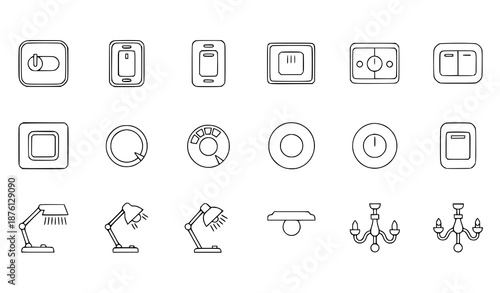 Black and White Light Switch and Lamp Icons Minimal Lighting Vector Illustration Set