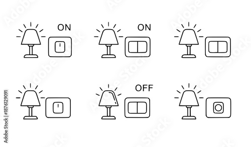 Minimal Light Switch and Lamp Outline Icons Black and White Electrical Vector Set