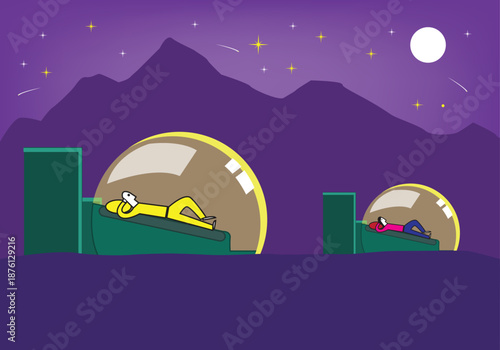 Futuristic capsule hotels in the middle of the desert concept. Editable Clip Art.