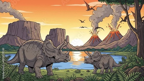 Prehistoric Dinosaur Scene Triceratops Volcano Eruption Sunset