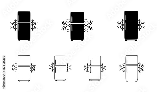 Minimal Black and White Refrigerator Icons with Snowflake Cold Storage Symbols Vector Set