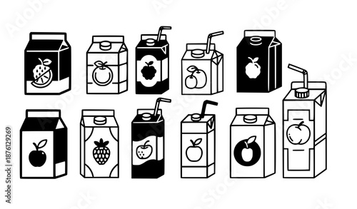 Minimal Fruit Juice Carton Drink Icons in Black and White Flat Vector Illustration