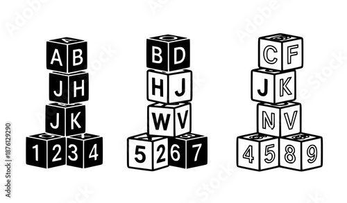 Minimal Baby Alphabet Cube Icons in Black and White Stacked Toy Vector Set