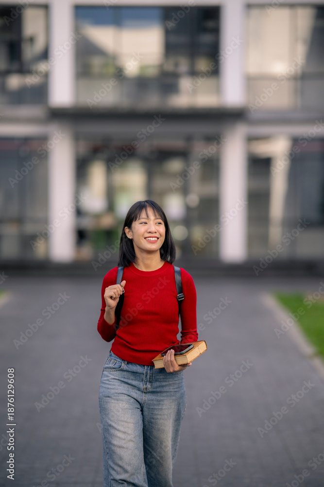 Fototapeta premium Asian female student walking university campus holding books